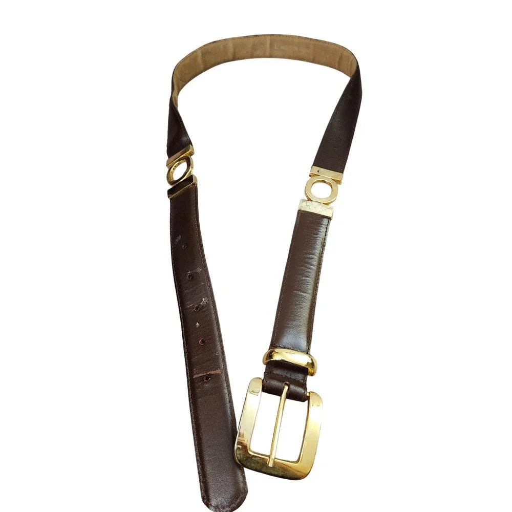 Classic Dark Brown Genuine Leather Belt with Gold Ring Accents Sz L Dk Academia‎